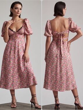 For Love & Lemons Isadora Floral Lace Trim Puff-Sleeve Midi Dress NWT $289